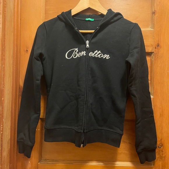 Benetton Black Hoody Sweatshirt Jacket Silver Sparkle Logo XS Italy Kawaii UCB - Picture 9 of 12